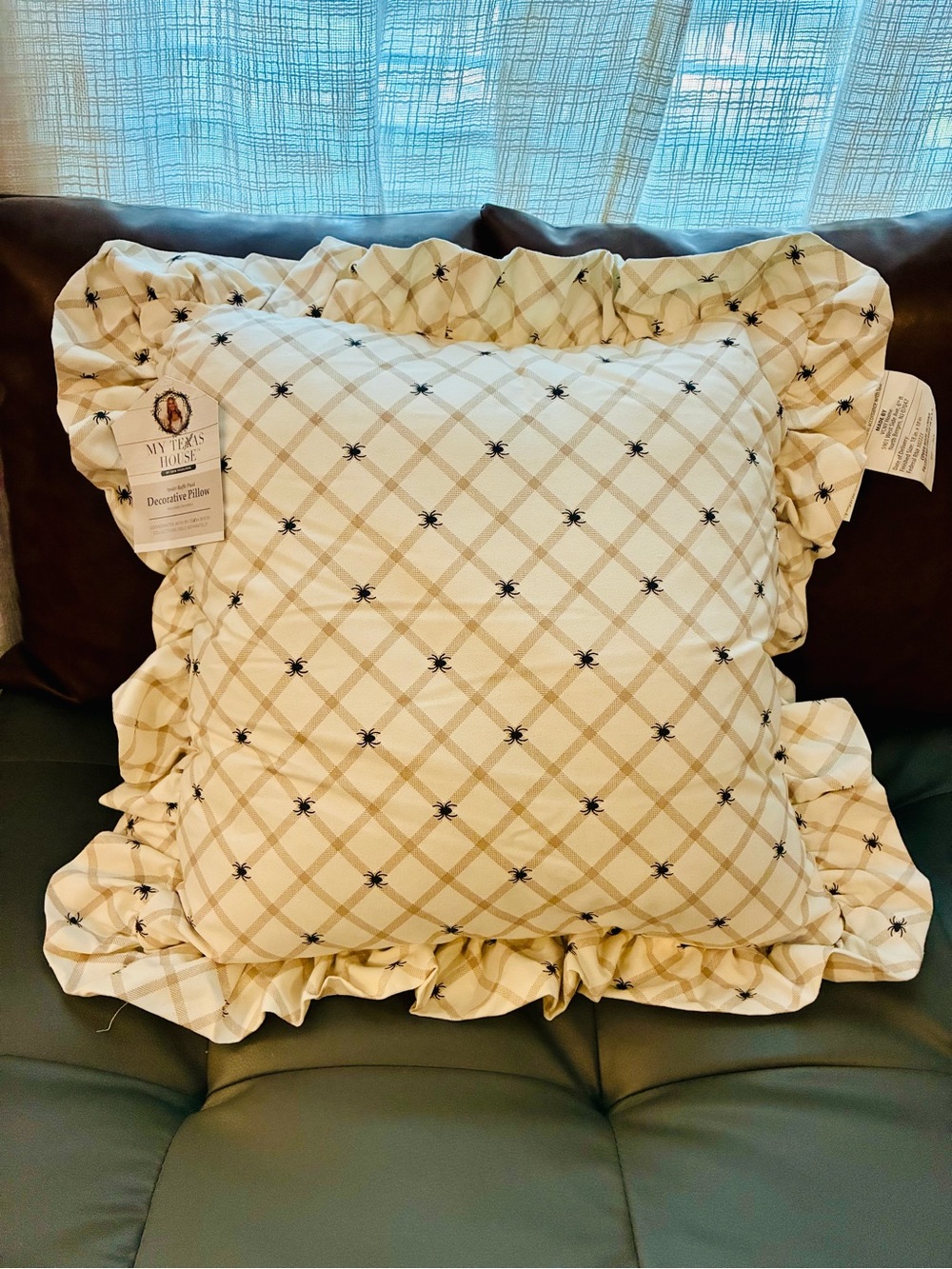 My Texas House Cream Plaid Spider Halloween Pillow